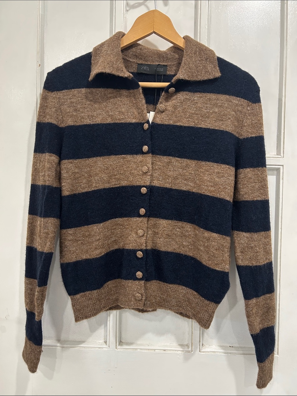 NWT Zara Wool Alpaca Blend Navy Brown Collared Button Front Cardigan Sweater S - Picture 2 of 10